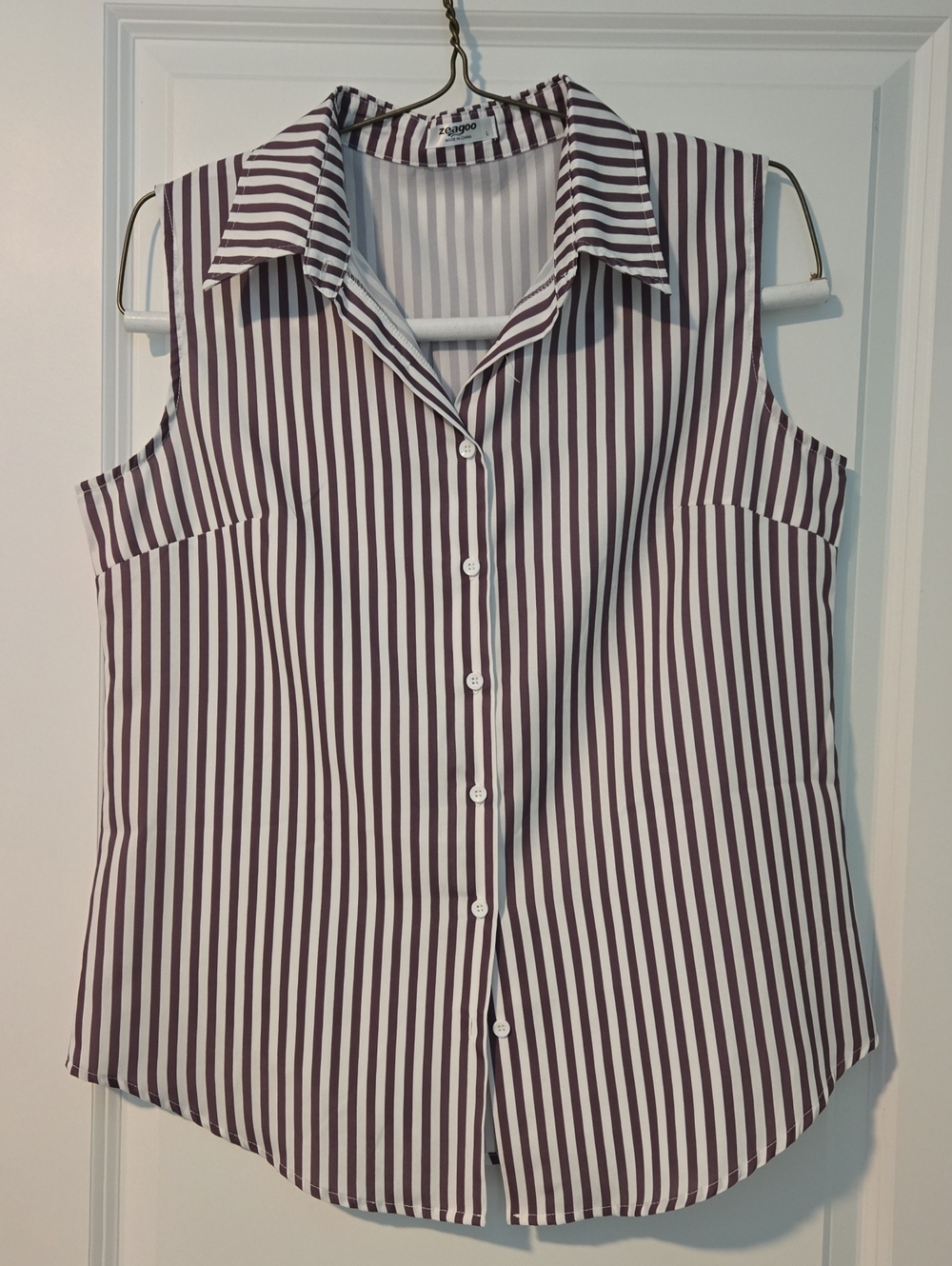 zeagoo Sleeveless Button-Down Top in White and Brown Stripes